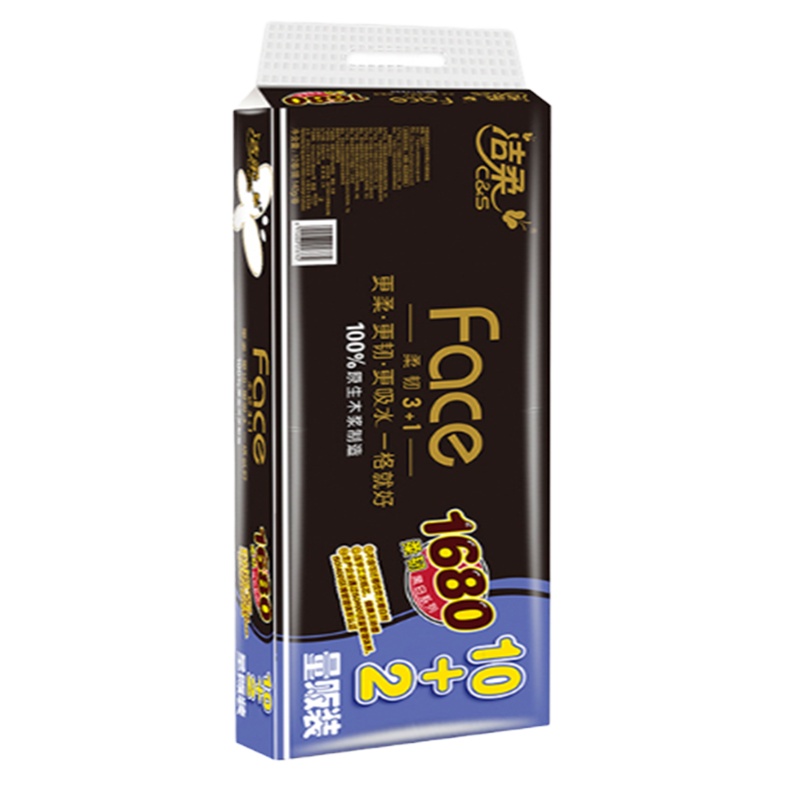 洁柔无芯卷纸黑Face加厚4层140g*12卷.6914068018645