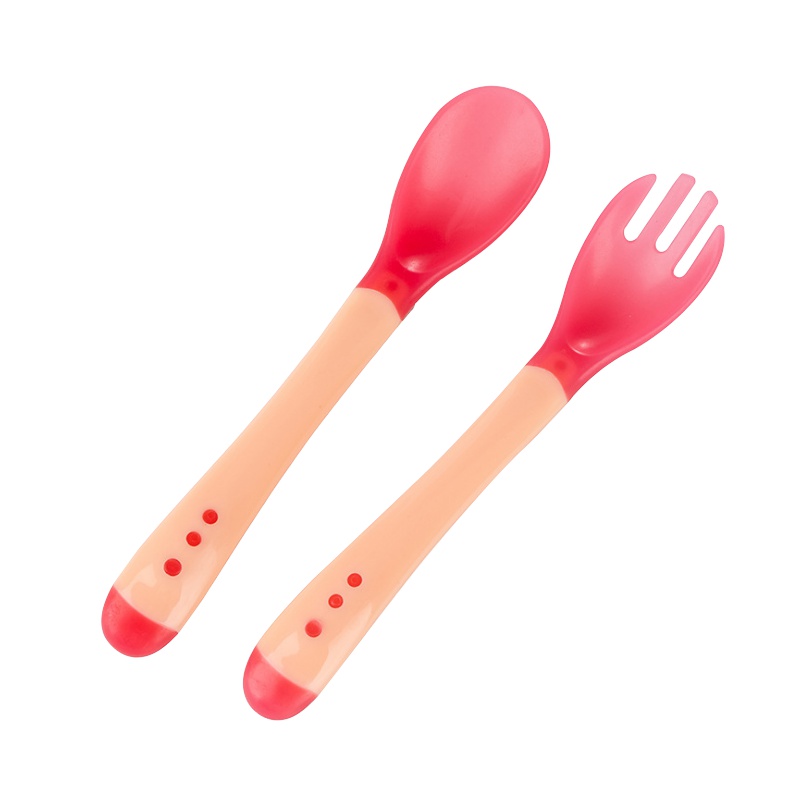 大朵婴儿 感温变色叉勺宝宝硅胶软头汤勺婴儿餐具套装吃饭安全不烫嘴 粉色