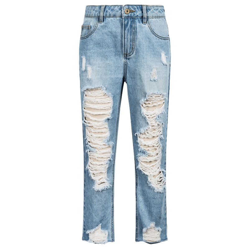 拉夏贝尔浅色破洞九分牛仔裤女夏季新款韩版宽松chic直筒裤子显瘦百搭