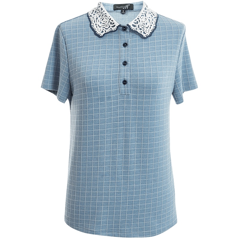 欧昵雪夏装减龄绣花Polo领格子T恤女设计感小众显瘦上衣