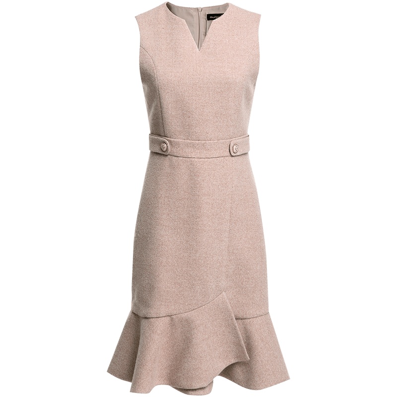 欧昵雪秋冬季不规则修身显瘦鱼尾裙高腰无袖毛呢连衣裙女