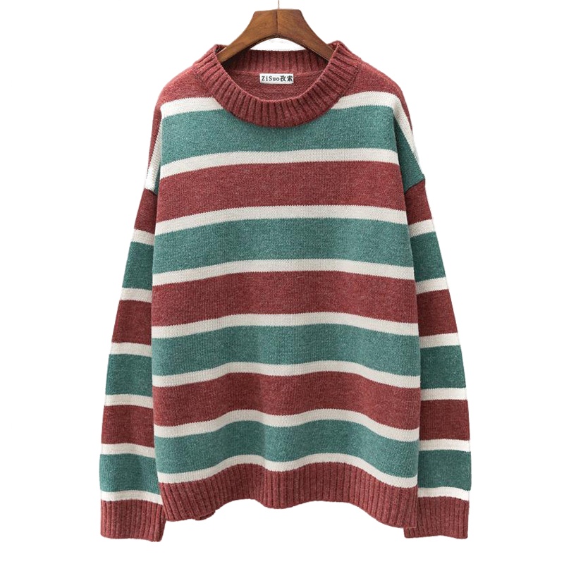 孜索2019秋冬新款撞色条纹毛衣女套头宽松慵懒风学生打底针织衫潮