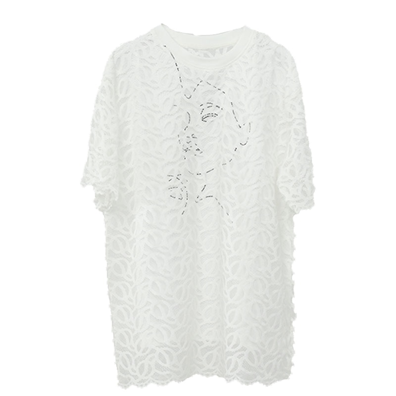 ENJOY'ME白T恤20女装春季新品抽象线条人像蕾丝镂空