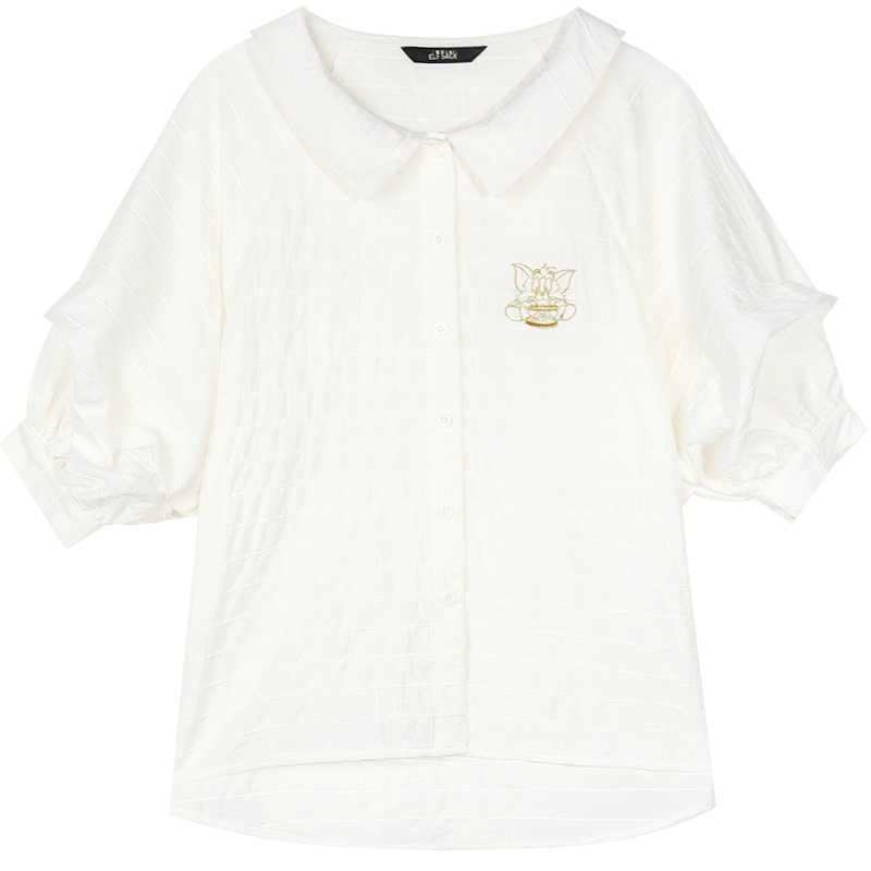 【猫和老鼠联名】妖精的口袋条纹短袖衬衫女2020夏新款泡泡袖衬衣