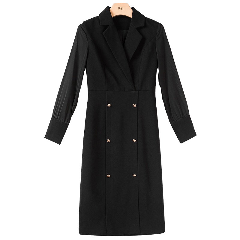 晚白2020冬季新品简约纯色西装领长袖修身显瘦包臀裙打底连衣裙女