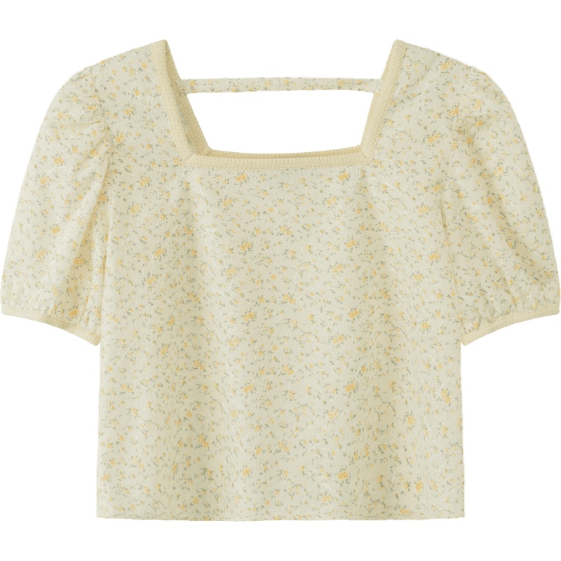 OtherMix方领碎花蕾丝衫2021年夏季新款泡泡袖设计感薄款短上衣女