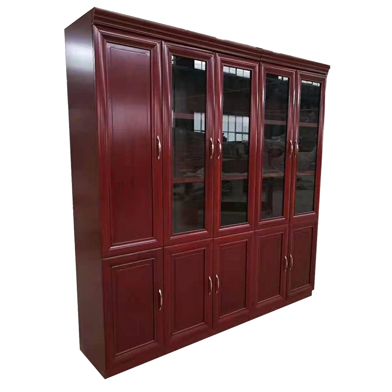 五门木皮书柜 办公室书柜 木皮玻璃门储物柜资料柜 老板办公家具 厂家定制