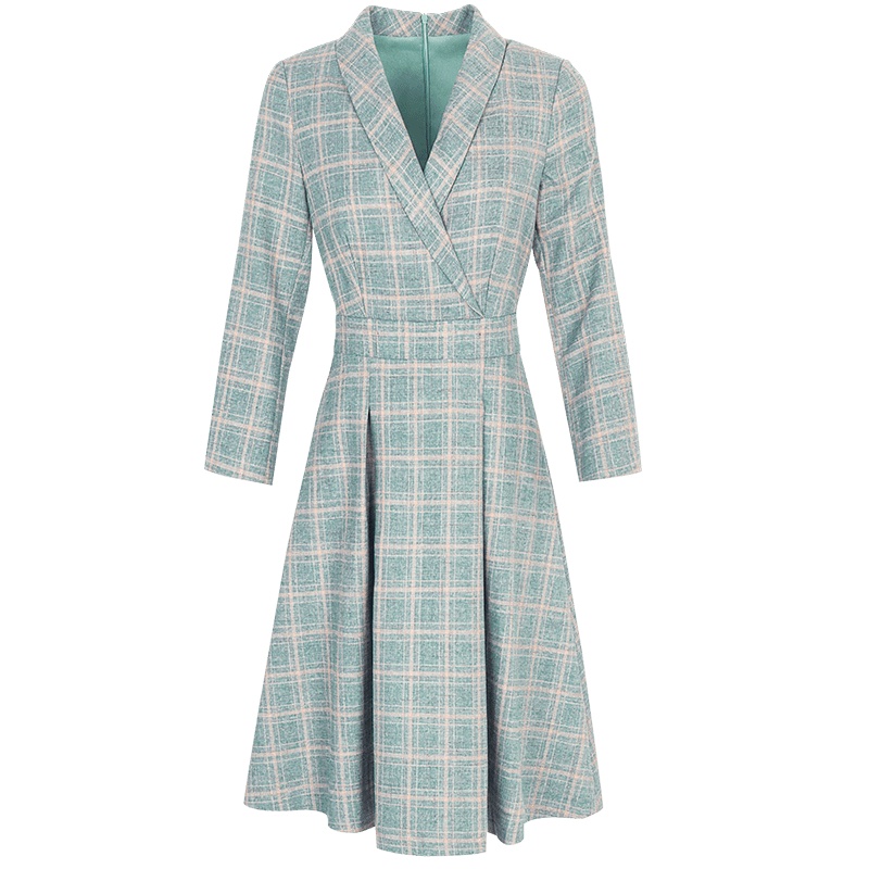 晚白2021春新品时尚修身显瘦通勤职业格子高腰A字西装裙连衣裙女