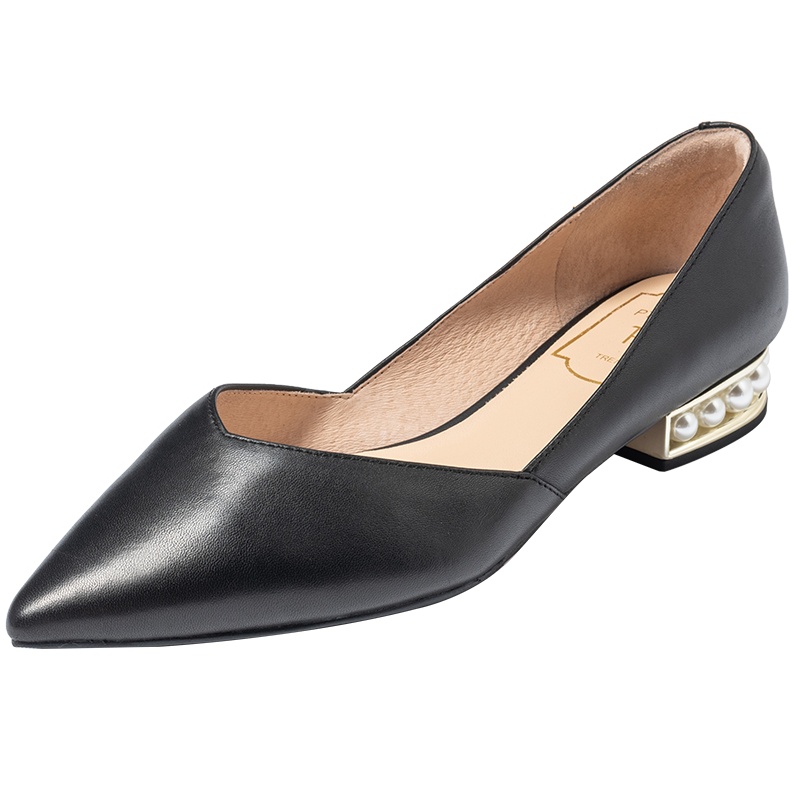 百田森秋季新款法式低跟单鞋甜美珍珠仙女风尖头羊皮气质单鞋