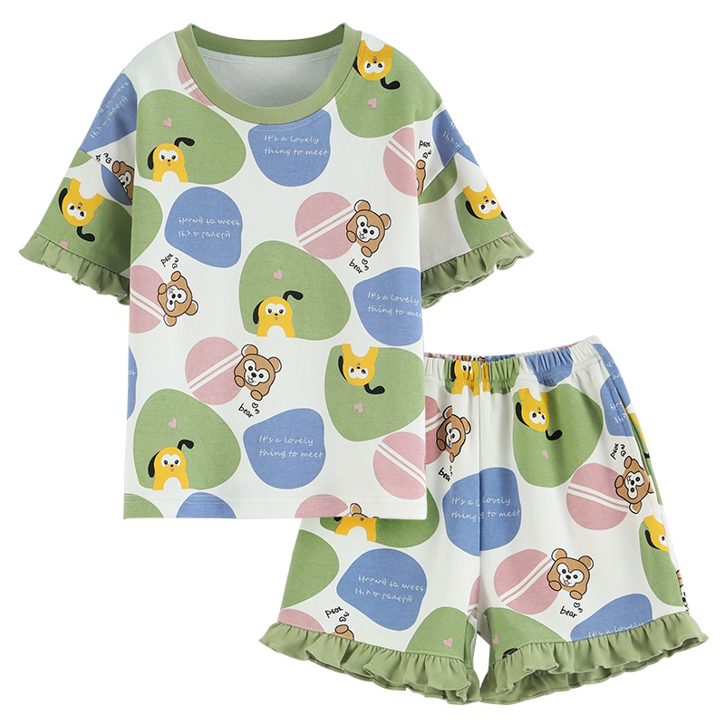 浪莎儿童睡衣夏季薄款女童短袖绵绸宝宝空调服绵绸小孩女童家居服
