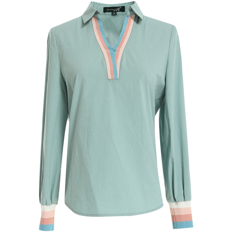 欧昵雪休闲条纹polo领套头衬衣女长袖时尚衬衫上衣