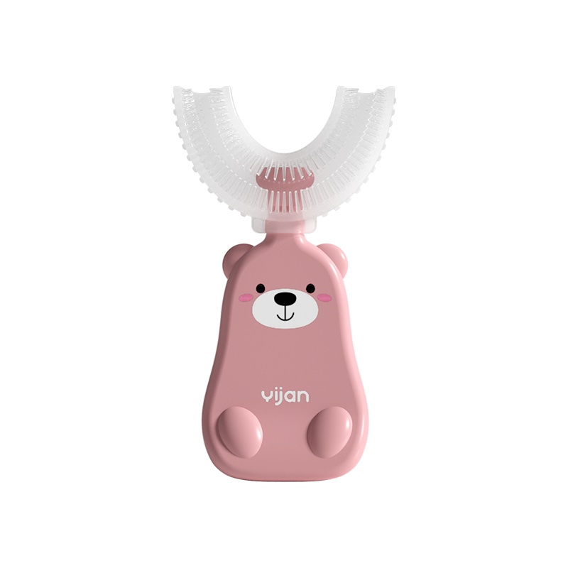 婴儿牙刷软毛硅胶2-3-4-5-6岁儿童训练乳牙刷洁牙器幼儿童宝宝手动U型牙刷 T9可爱熊粉