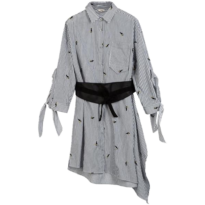 【热卖】条纹连衣裙子女装拉贝缇2019新款春夏季短款小个子不规则衬衫裙60006324