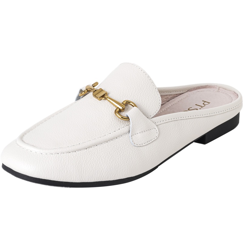 百田森商场同款新款真皮平底穆勒鞋女时尚金属饰扣外穿拖鞋