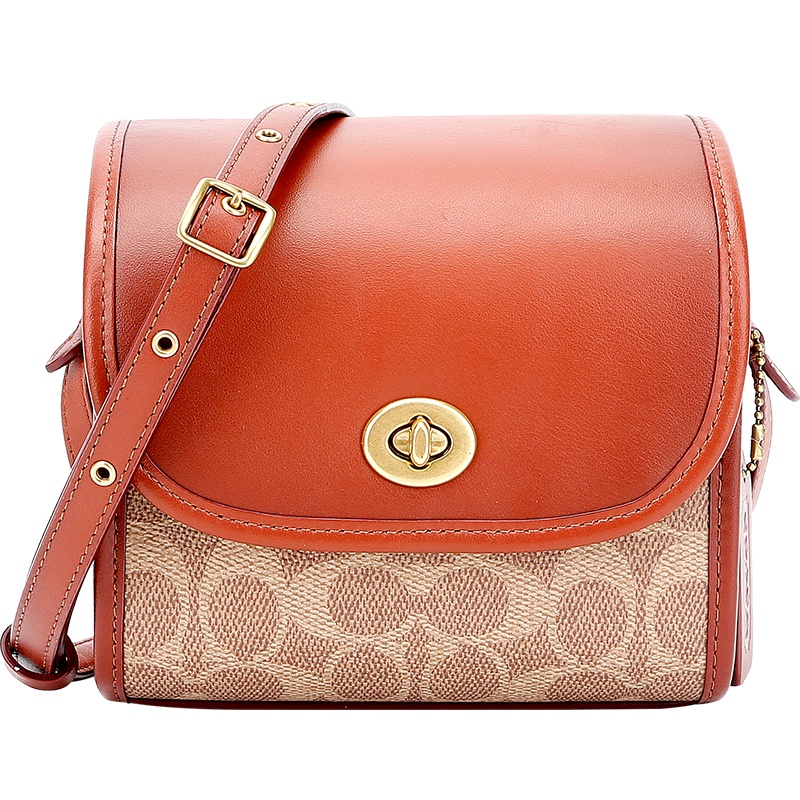 自营 新品 蔻驰 COACH 品 女士专柜款LUNCHBOX人造革配皮单肩斜挎包焦糖卡其 144 B4NQ4 欧美时尚