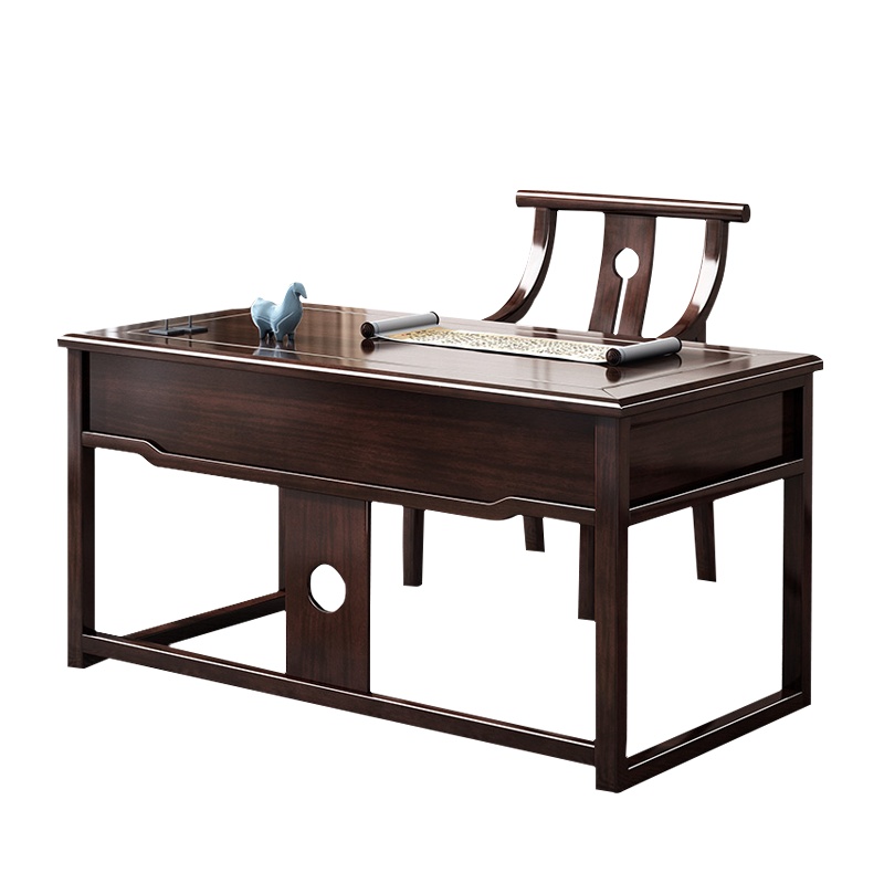 月影梳桐新中式全实木乌金木书桌书架家用办公电脑写字书法画桌书房家具套装组合