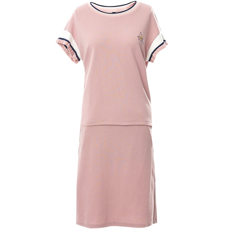 欧昵雪夏装时尚圆领木耳边短袖T恤+高腰包臀半身裙两件套