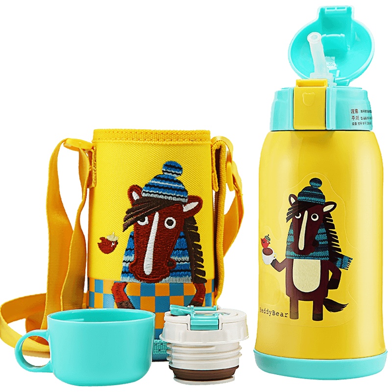 韩国杯具熊BEDDYBEAR儿童保温杯316不锈钢带吸管两用水壶男女学生婴儿便携水杯子600ml多色保温用品
