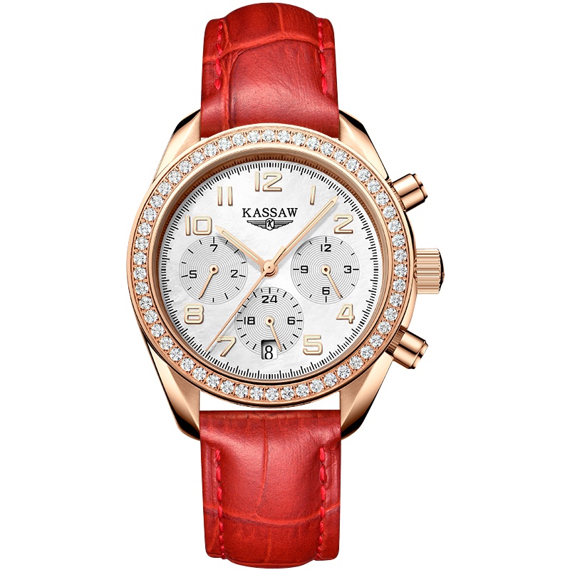 卡梭(KASSAW)手表女自动机械女表防水玫瑰金镶钻皮带时尚潮流镂空商务休闲学生isn风正装饰K814L