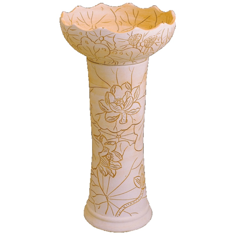 家装节 时尚卫浴 陶瓷立柱盆一体式台盆艺术落地式洗手盆阳台立柱式洗脸盆刻荷花 放心购安心抵