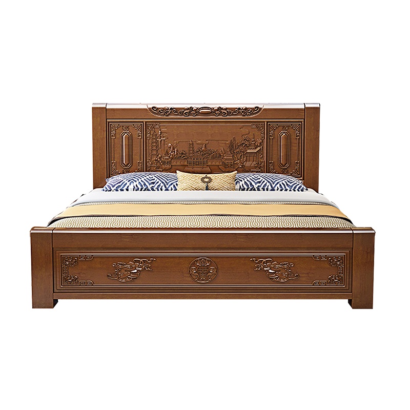 月影梳桐实木1.8x2米双人婚床主卧高箱储物现代中式1.5m雕花大床