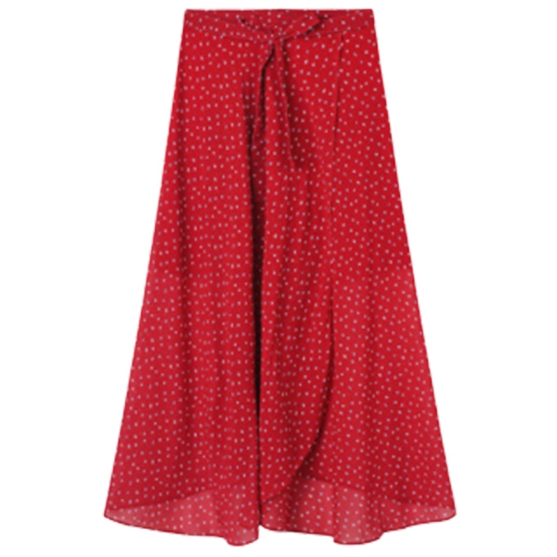 【专柜同款】拉夏贝尔旗下夏季新款高腰绑带波点中长款雪纺不规则开叉半身裙60008019