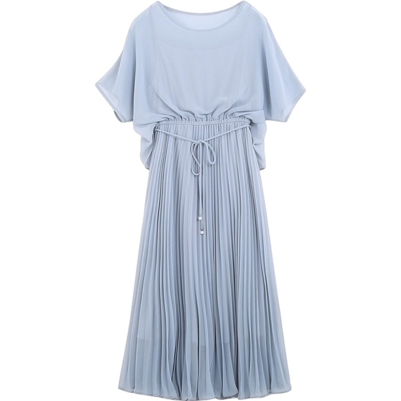 拉夏贝尔很仙的雪纺连衣裙女装夏新款高腰显瘦中长款流行百褶裙子