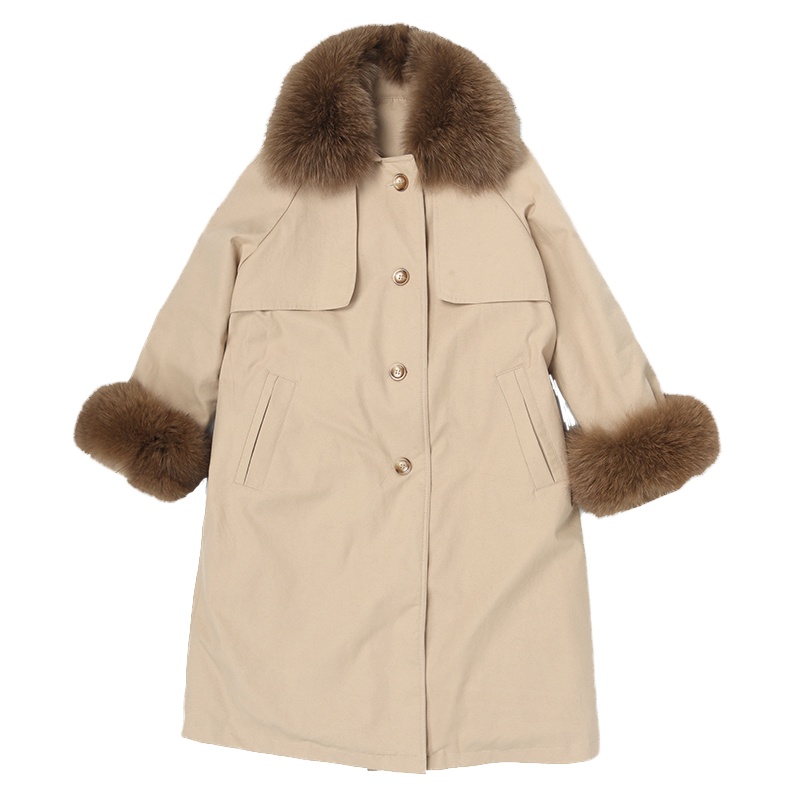 ENJOY'ME女装2019冬季新品狐狸毛领袖口系腰带单排扣长款外套