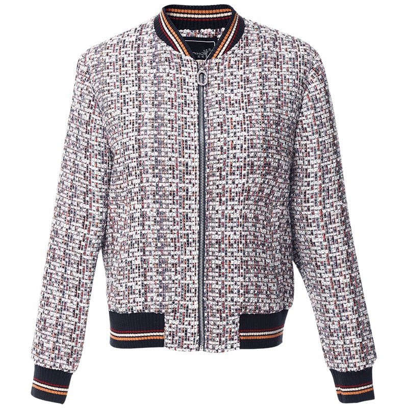 欧昵雪秋冬季V领编织呢子棒球服女宽松显瘦短款毛呢外套