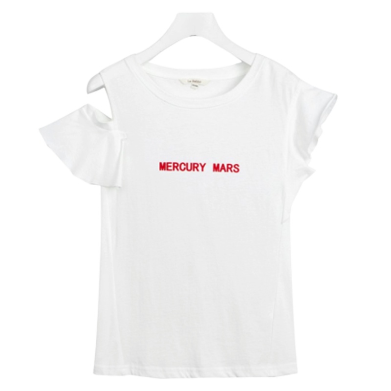 【专柜同款】拉贝缇夏季女不规则上衣韩版时尚荷叶袖露肩短袖T恤