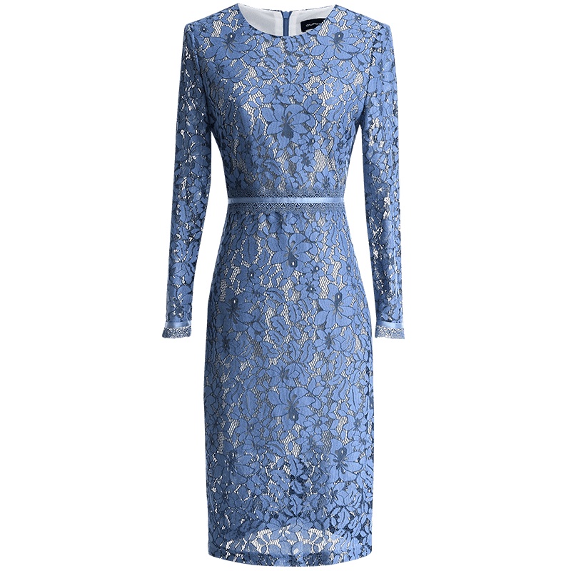 欧昵雪秋装气质圆领高腰勾花镂空蕾丝连衣裙女包臀一步裙