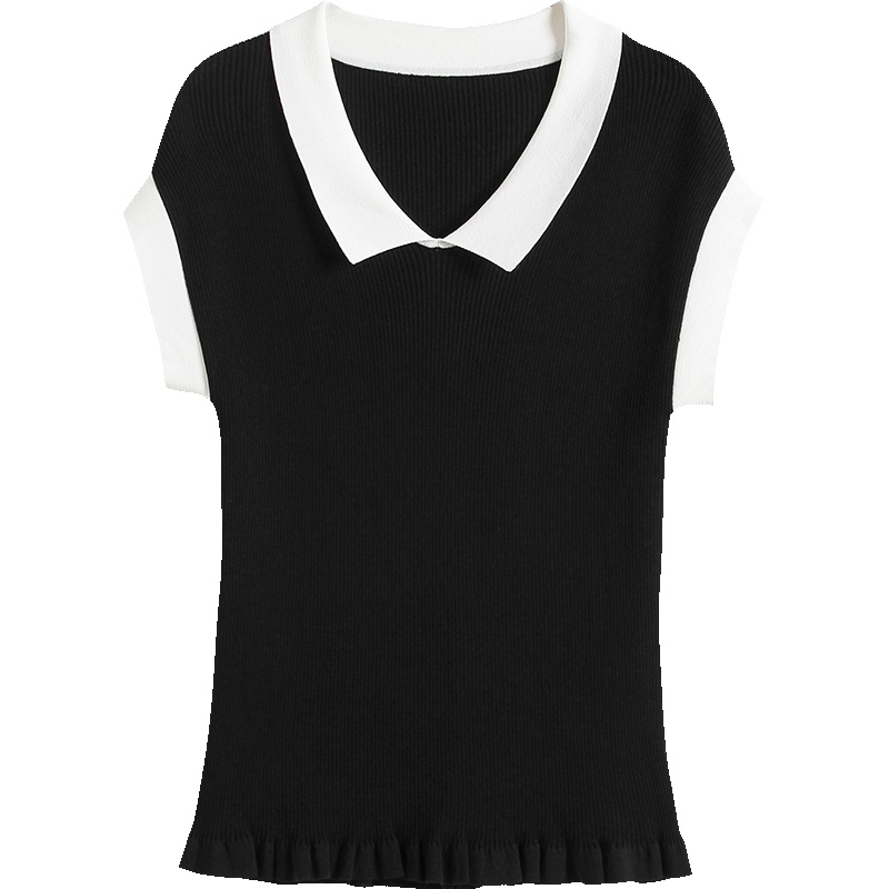 OSA欧莎黑色针织衫短袖女2019新款夏季修身显瘦套头上衣薄款气质