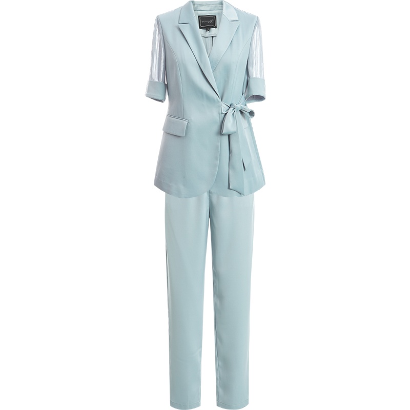 欧昵雪夏装雪纺短袖收腰西装女+高腰九分哈伦裤两件套装