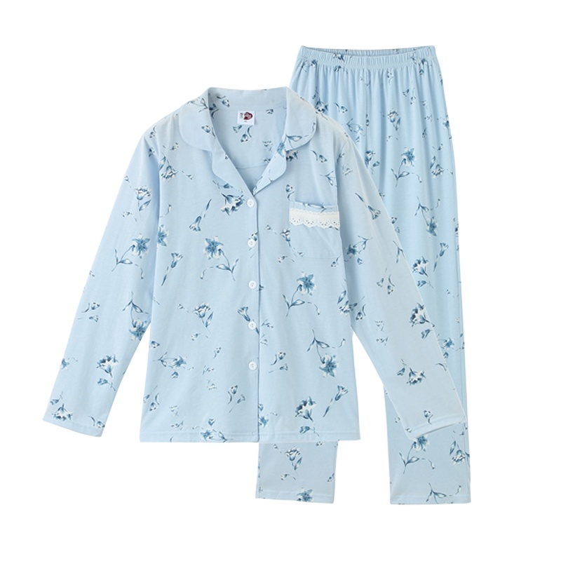 都市丽人时尚舒适宽松印花薄款翻领长袖女士家居服套装睡衣1H9109