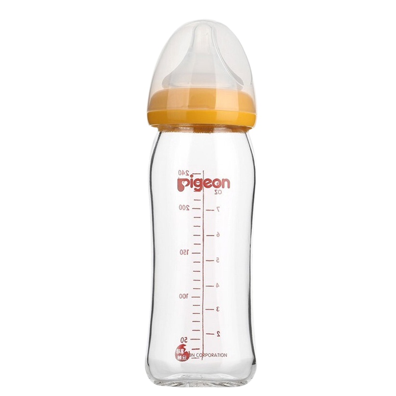 贝亲(Pigeon)宽口径玻璃奶瓶自然实感防胀气240ml配L奶嘴(黄色旋盖)AA92