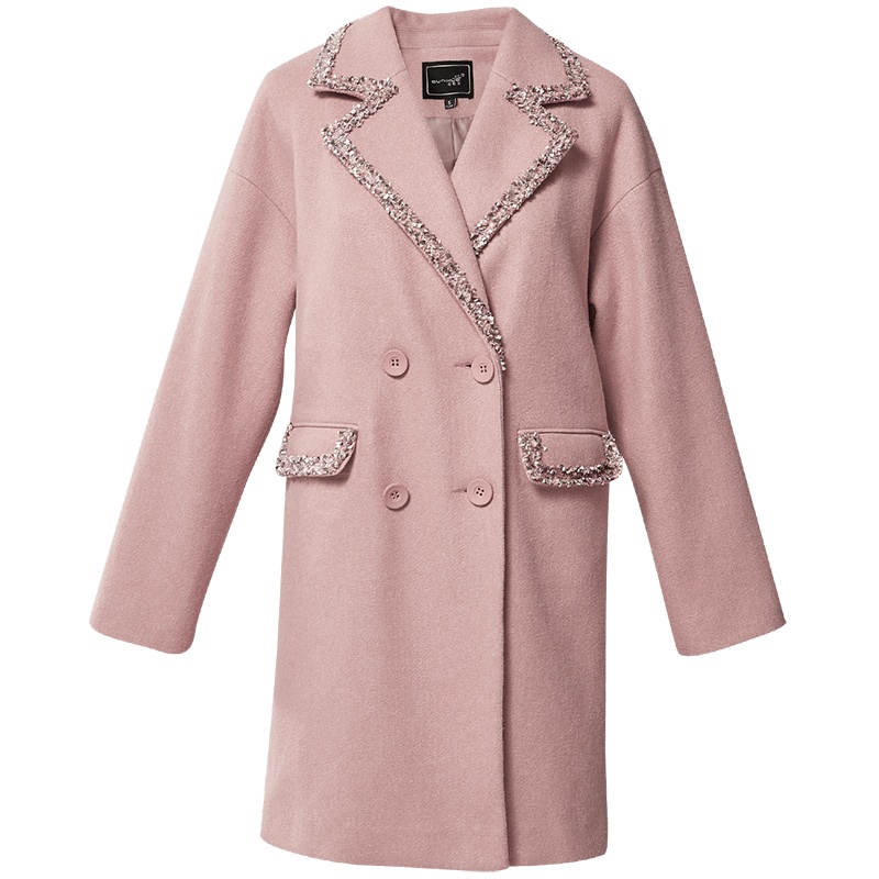 欧昵雪秋冬小香风拼接织带宽松毛呢外套女中长款大衣