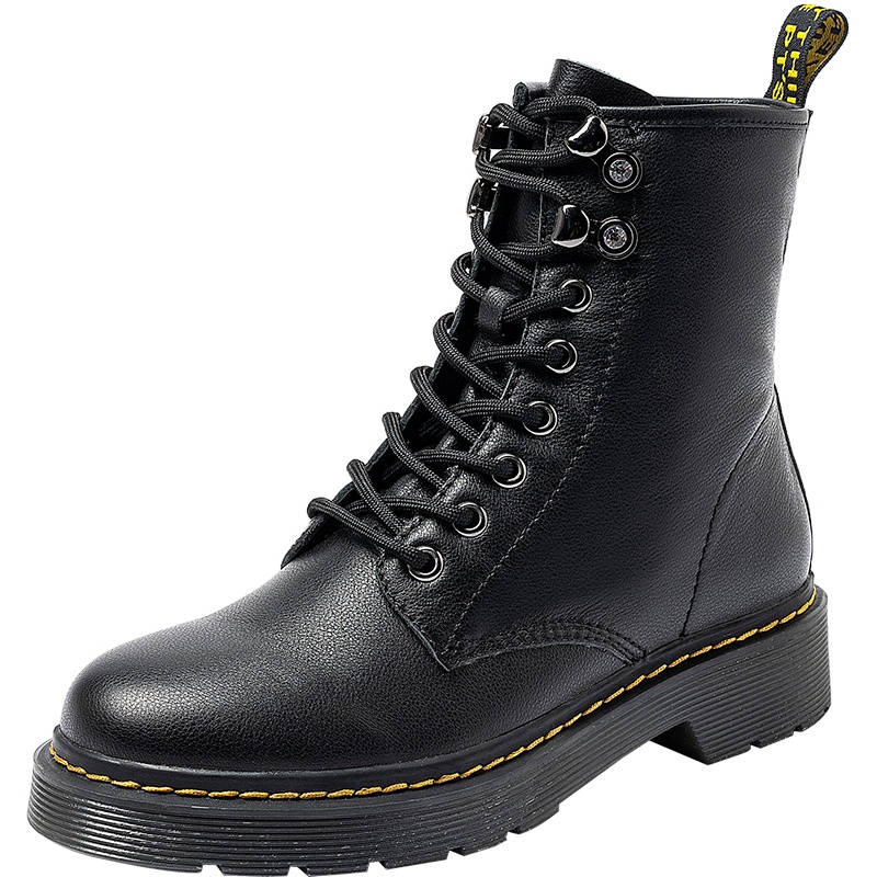 百田森冬季新款真皮马丁靴女短靴平跟英伦风圆头增高单靴女