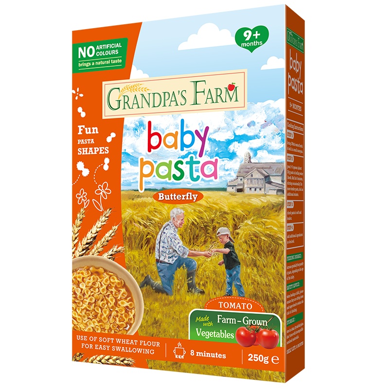 爷爷的农场 欧洲进口宝宝面条辅食面条无盐粒粒面 婴幼儿番茄蝴蝶形意面 250g/盒