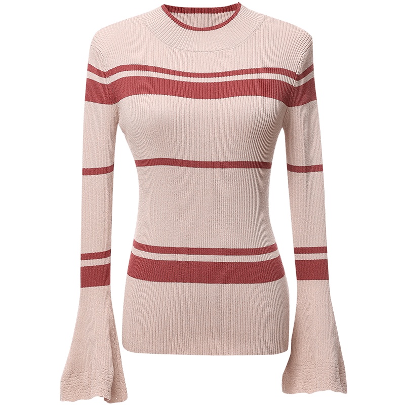 欧昵雪立领修身条纹喇叭袖针织衫女套头毛衣打底衫