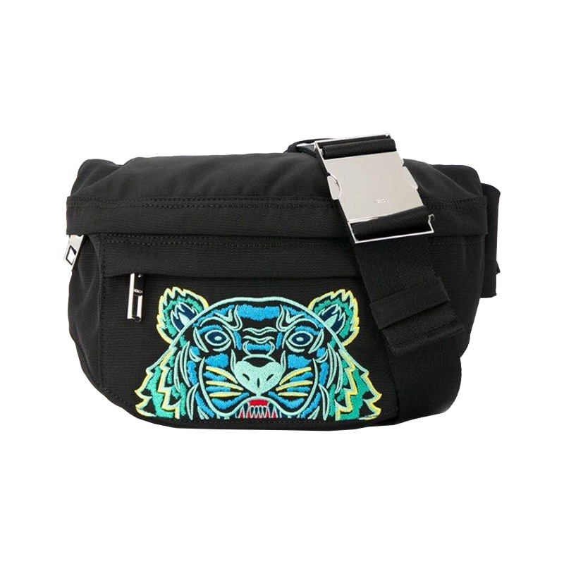 香港直邮 KENZO高田贤三 黑色Tiger老虎刺绣腰包胸包男士