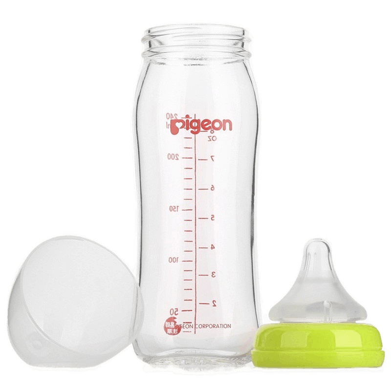 贝亲(Pigeon)AA91宽口径玻璃奶瓶240ml（绿色旋盖）L号Y孔赠吸管、手柄