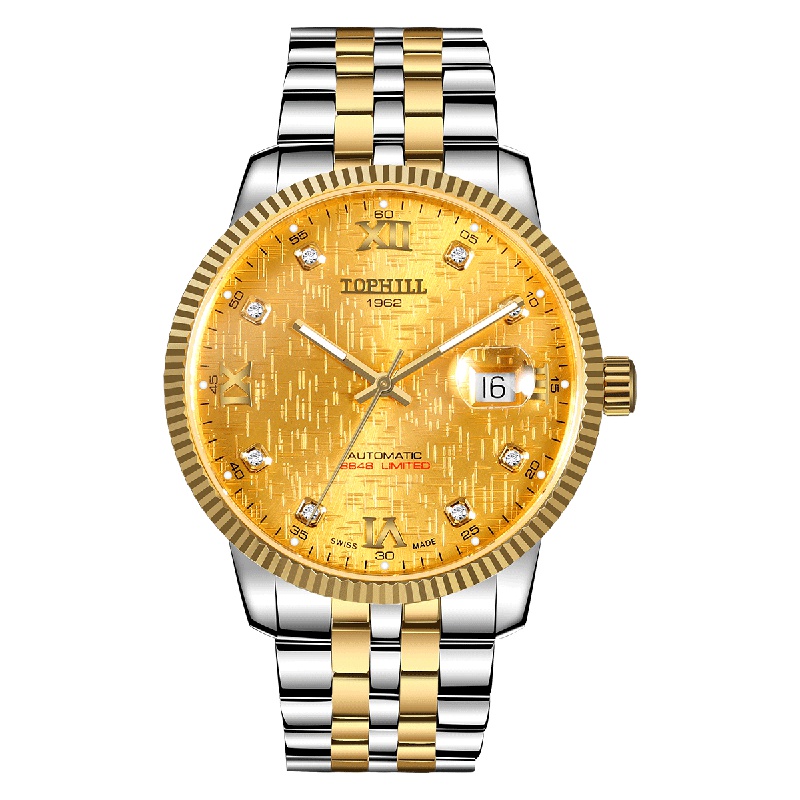 拓非 瑞士原装简约手表男真钻刻度男士时尚防水机械男表日历睿智系列钢带款TU006G