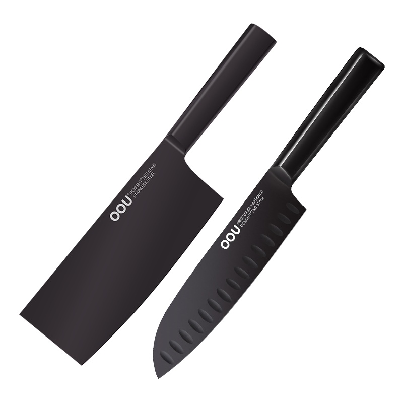 OOU!黑刃升级款菜刀厨师刀两件套 德国钢材全套厨房刀具刀具菜刀刀具套装不锈钢刀具锋利不生锈