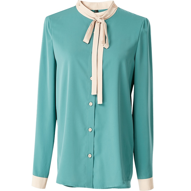欧昵雪秋季撞色拼接蝴蝶结系带立领衬衣女长袖气质OL衬衫