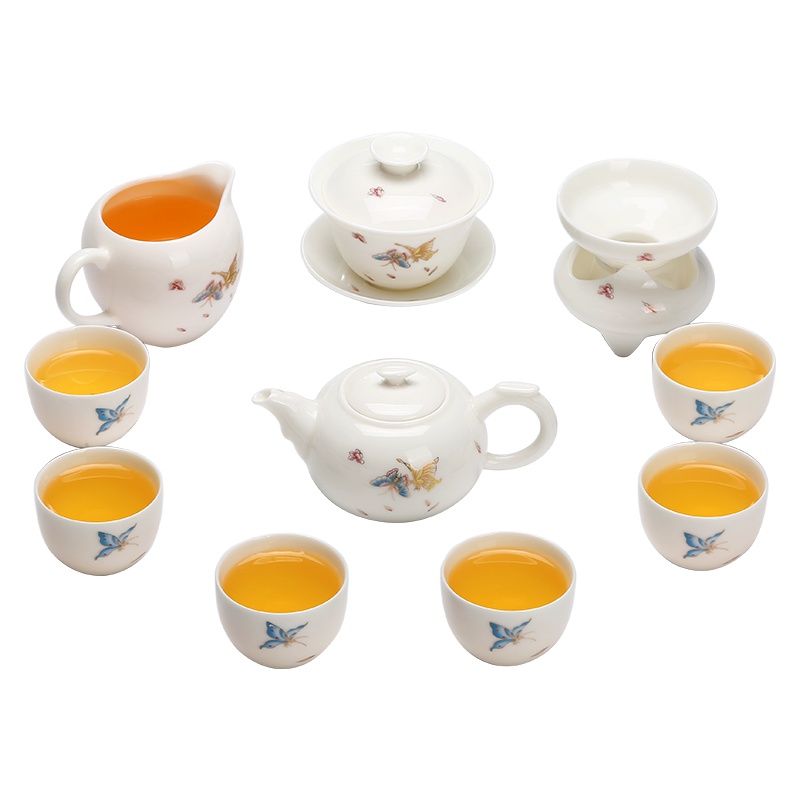 常生源 陶瓷功夫茶具套装 家用泡茶器 羊脂白玉瓷 茶壶盖碗公杯茶漏茶杯整套 蝶韵茶具套组