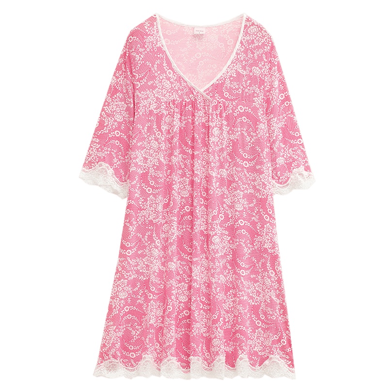 雪仙丽莫代尔睡裙女夏季宽松新款睡衣七分长袖红色短裙可外穿