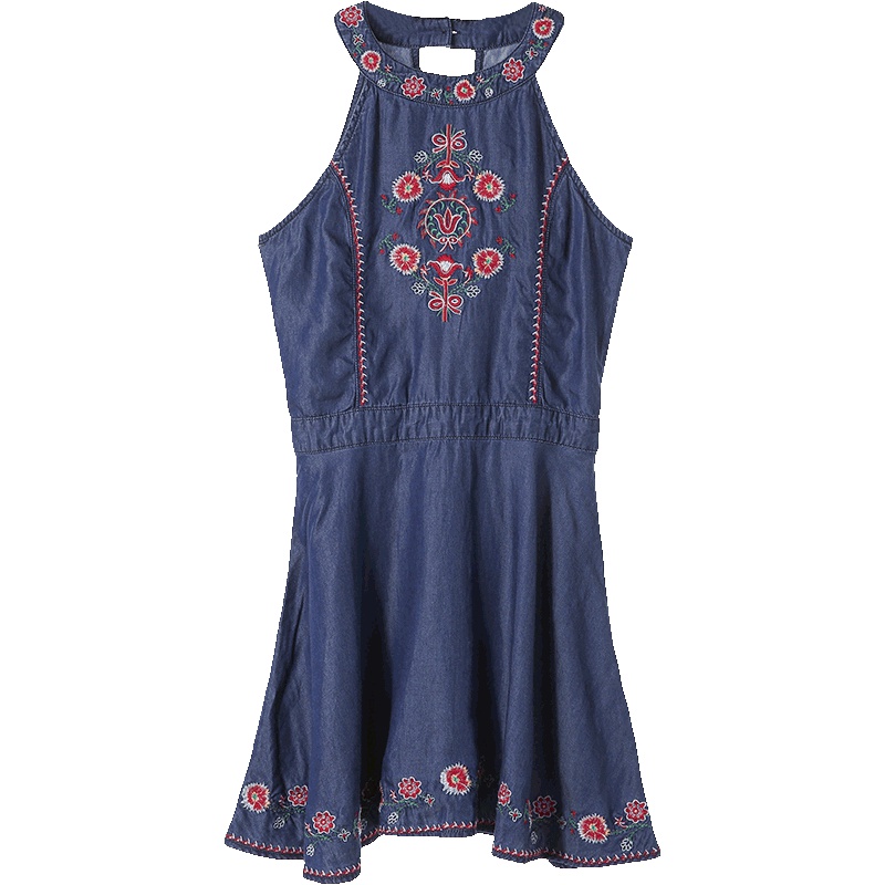 裂帛刺绣牛仔无袖收腰连衣裙春夏新款pphome裙子民族风潮