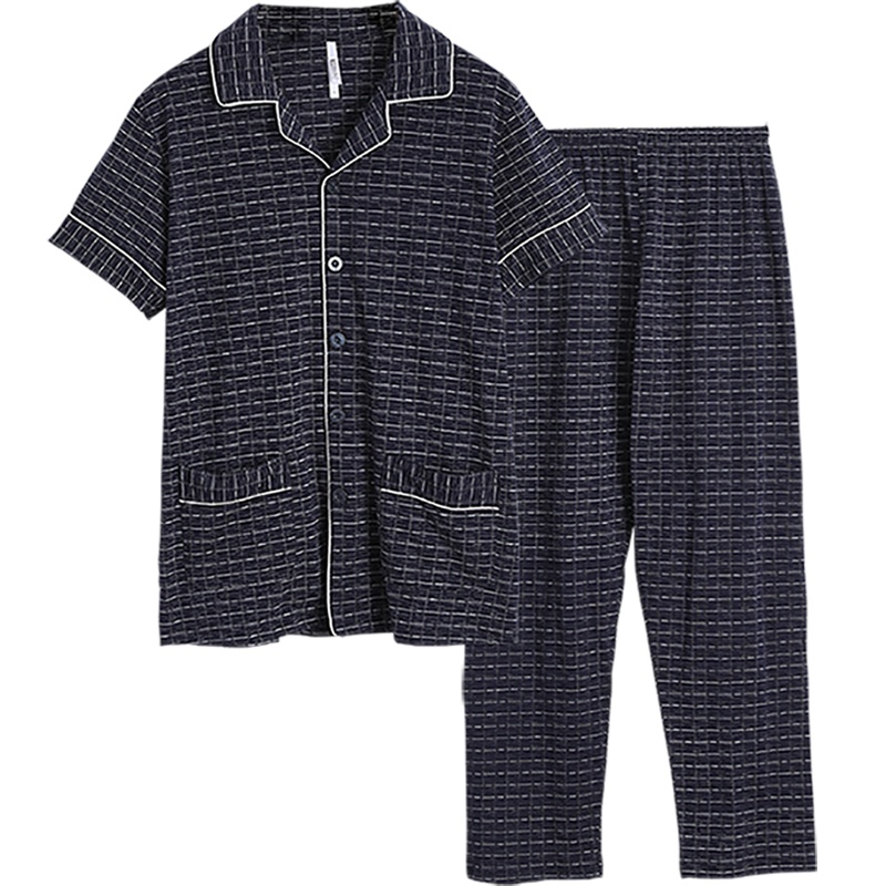 红豆居家(Hodohome)春夏款睡衣男士纯棉短袖经典格纹翻领可外穿家居服套装