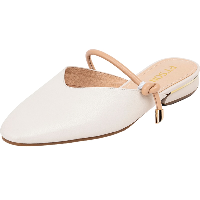 百田森夏季新款穆勒包头拖鞋女纯色牛皮结带凉鞋女