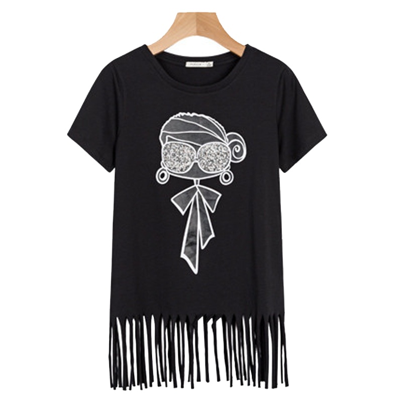 【专柜同款】拉夏贝尔旗下Puella女夏印花宽松上衣流苏短袖T恤